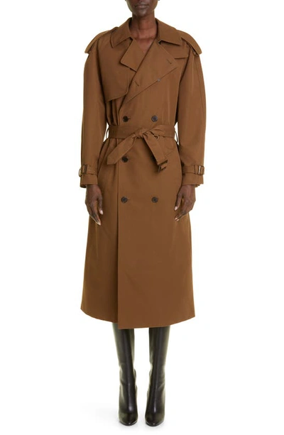 Saint Laurent Belted Double-breasted Cotton-twill Trench Coat In Brown