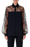 AKRIS EMBROIDERED CROQUIS TULLE & SILK CREPE SHIRT