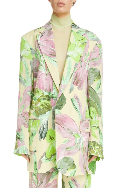 Dries Van Noten Blur Floral Jacquard Single-breasted Blazer In Light Green