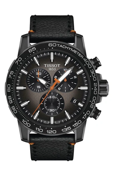 Tissot Men's Swiss Chronograph Supersport Black Leather Strap Watch 46mm In Black / Grey