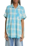 R13 Short Sleeve Boxy Button-up Shirt In Light Blue Plaid In Lt Blue Plaid