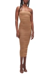 Good American Ruched Mesh Midi Dress In Pecan In Pecan
