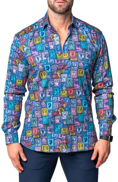 Maceoo Fibonacci Stamp Contemporary Fit Button-up Shirt In Multi Blue