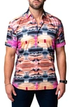Maceoo Galileo Glitch Multi Short Sleeve Contemporary Fit Button-up Shirt In Pink Multi