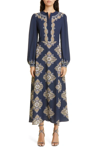 Etro Geo-print Long-sleeve Cady Midi Dress In Blue