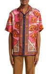 Versace Masks Print Short Sleeve Silk Camp Shirt In Orange/ Pink