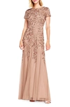 ADRIANNA PAPELL FLORAL EMBROIDERED BEADED TRUMPET GOWN