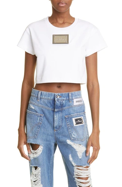 Dolce & Gabbana White Cropped T-shirt With Logo Plate In Cotton Woman