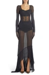 Dolce & Gabbana Long-sleeve Sheer Corset Maxi Dress In Dark Grey