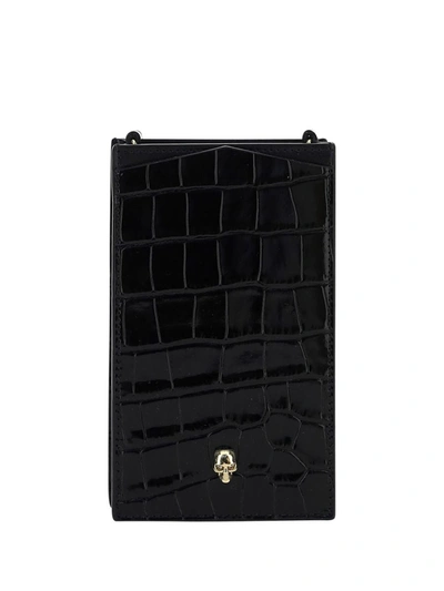 Alexander Mcqueen Skull-embellished Croc-embossed Leather Phone Case On Chain In Black