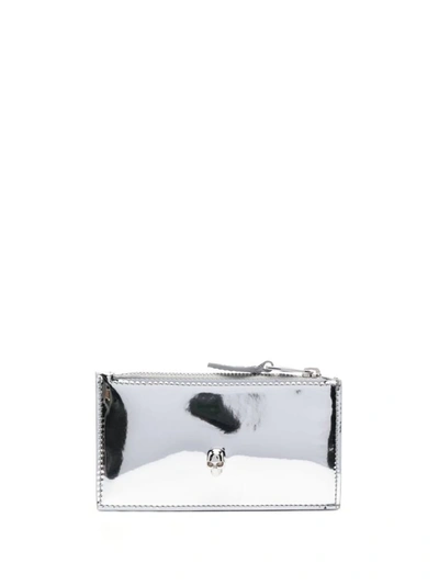 Alexander Mcqueen Skull Metallic Leather Wallet In Silver