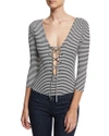 KENDALL + KYLIE STRIPED LACE-UP PLUNGING V-NECK BODYSUIT, BLACK,PROD198110139