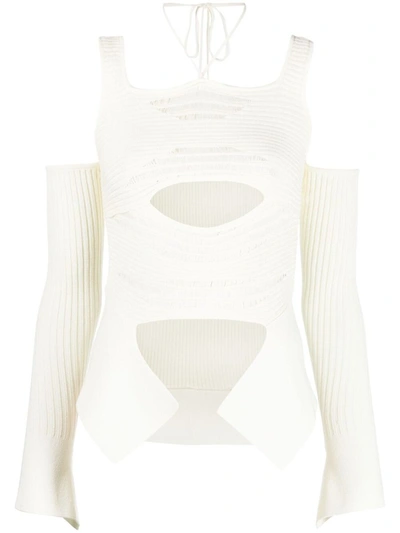 Andrea Adamo Ribbed Knit Cut-out Top In White