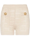 Balmain Monogrammed Openwork Knit Mini Shorts In Beige