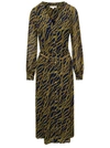 MICHAEL MICHAEL KORS BLACK AND GOLD-TONE MIDI SHIRT DESS WITH CHAIN PRINT ALL-OVER IN POLYESTER WOMAN
