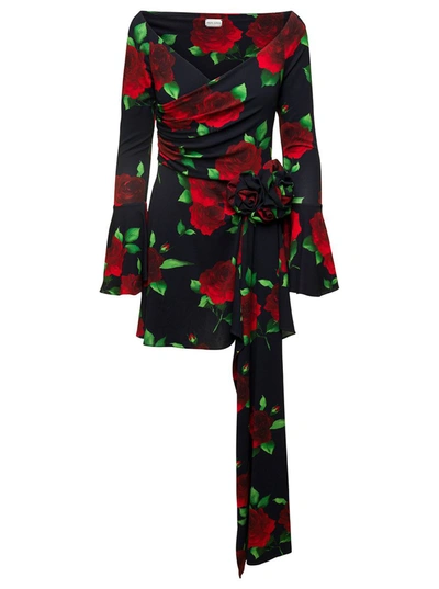 MAGDA BUTRYM BLACK FLARED MINI-DRESS WITH FLORAL PRINT ALL-OVER IN VISCOSE WOMAN