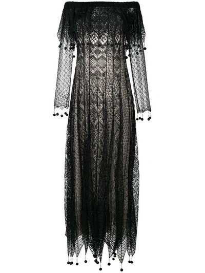 Alexander Mcqueen Off The Shoulder Silk Lace Dress, Black In Black