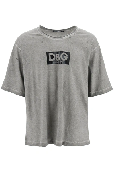 Dolce & Gabbana Washed Cotton T-shirt With Destroyed Detailing In Grey