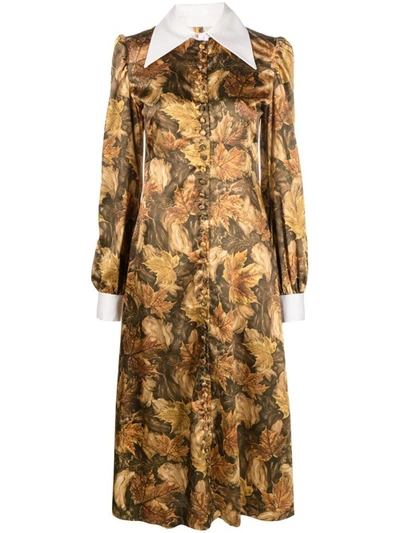 Erl Leaf-print Shirt Dress In 1 Brown