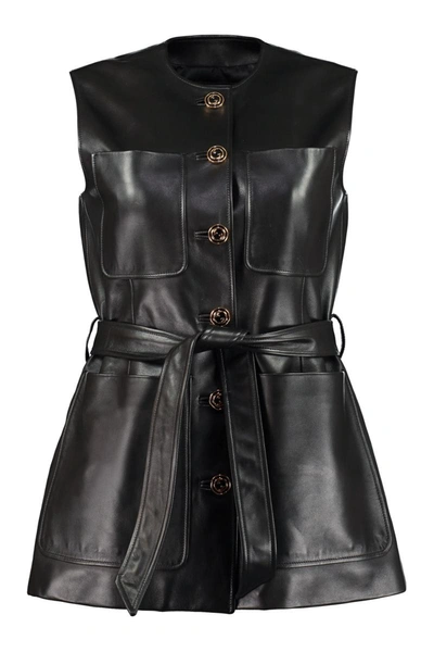 Gucci Black Leather Long Vest With Gg Logo Buttons And Coordinated Waist Belt