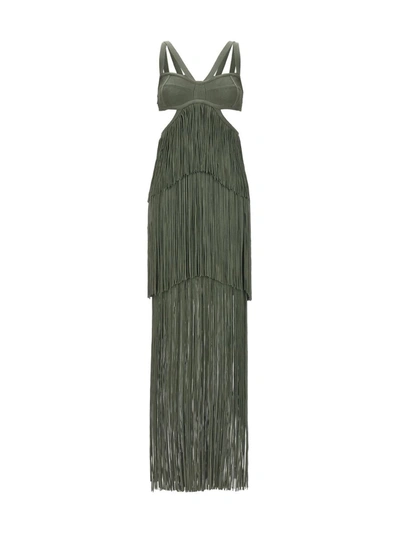 Herve Leger Strappy Tiered Fringe Gown In Green