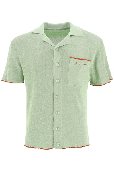 Jacquemus Men's Ribbed Camp Shirt With Contrast Trim In Green