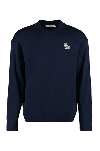 Maison Kitsuné Embroidered Fox-patch Longlsleeved Sweater In Blue