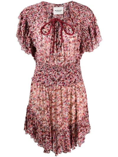 Isabel Marant Étoile Abstract-print Shirred-detail Dress In Raspberry Ecru