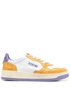 AUTRY COLOR-BLOCK YELLOW AND PURPLE  'MEDALIST' LOW TOP SNEAKERS IN COW LEATHER