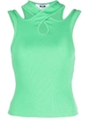 Msgm Light Green Ribbed Tank Top With Cut-out Detailing In Cotton Woman In Green