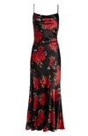 LULUS EXTRA SULTRY FLORAL COWL NECK SATIN DRESS