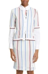 THOM BROWNE STRIPE SHORT SLEEVE CREWNECK CARDIGAN