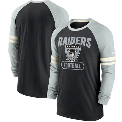 Nike Men's Black And Silver-tone Las Vegas Raiders Throwback Raglan Long Sleeve T-shirt