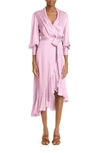 Zimmermann Asymmetric Ruffled Silk-satin Wrap Dress In Musk