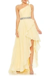 Mac Duggal Ruffle Pleated One-shoulder High-low Gown In Butter