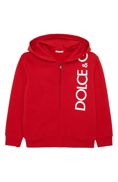 Dolce & Gabbana Kids' Logo棉质拉链帽衫 In Red