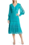 Tadashi Shoji Lace Pintuck Long Sleeve Midi Cocktail Dress In Tropical