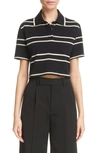 Saint Laurent Striped Cropped Cotton-piqué Polo Shirt In Noir/ Naturel