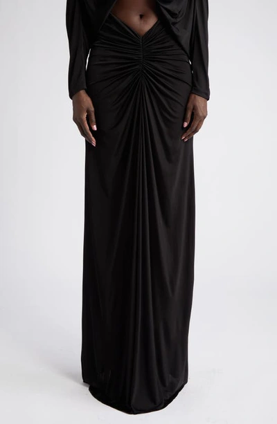 Saint Laurent Center Ruched Shiny Jersey Skirt In Black