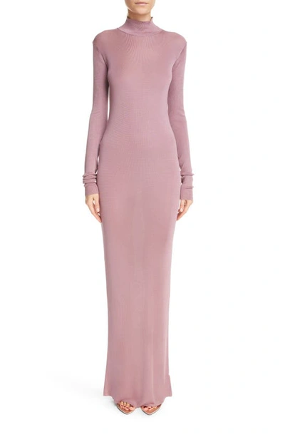 Saint Laurent Mock Neck Long Sleeve Knit Dress In Mauve