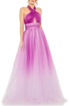 Mac Duggal Halter Cross Neckline Tulle Dress In Purple Ombre