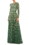 MAC DUGGAL FLORAL SEQUIN LONG SLEEVE A-LINE GOWN