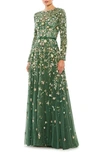Mac Duggal Embellished High Neck Long Sleeve A Line Gown In Sage