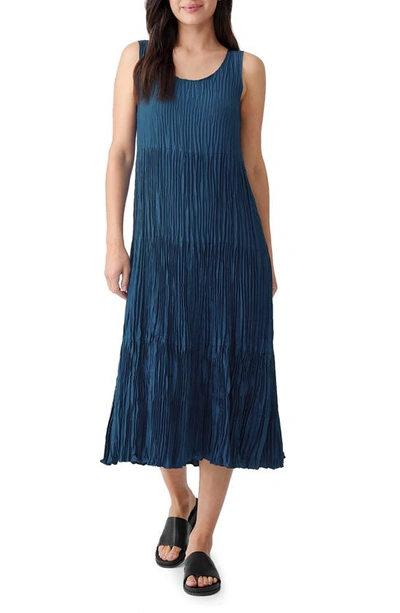 Eileen Fisher Crinkled Scoop-neck Tiered Silk Midi Dress In Atlantic