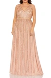 Mac Duggal Sequined Striped Sleeveless V Neck A Line Gown (plus) In Apricot