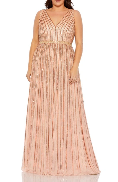 Mac Duggal Sequined Striped Sleeveless V Neck A Line Gown In Pink