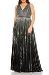 Mac Duggal Sequined Striped Sleeveless V Neck A Line Gown (plus) In Black Silver