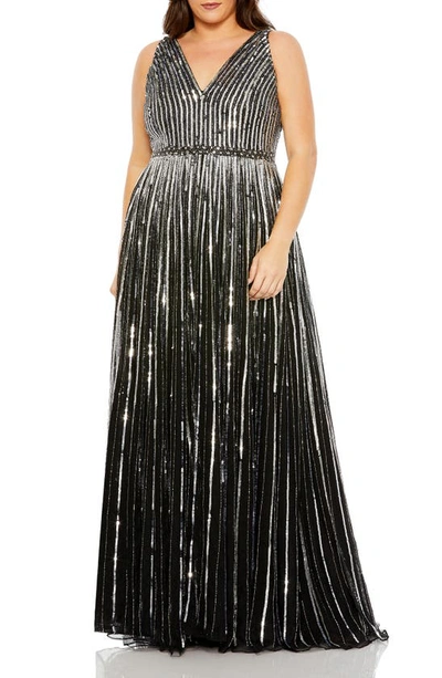 Mac Duggal Sequined Striped Sleeveless V Neck A Line Gown In Black