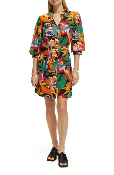 Scotch & Soda Floral Puff Sleeve Linen Blend Shirtdress In Multi