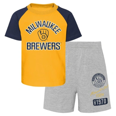 Outerstuff Babies' Toddler Boys And Girls Gold And Heather Grey Milwaukee Brewers Two-piece Groundout Baller Raglan T-s In Gold,heather Grey